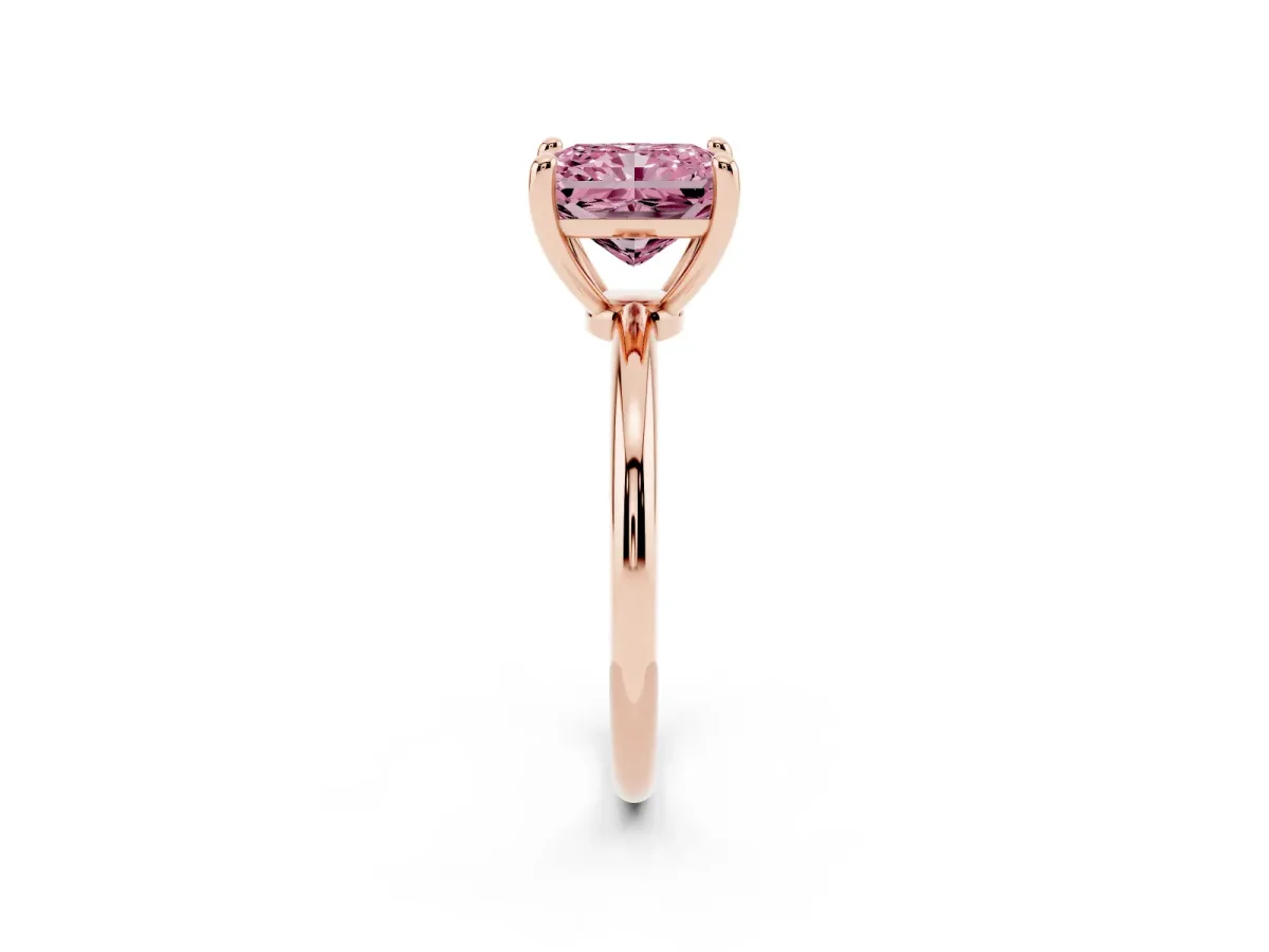 Fancy Pink Radiant Cut Solitaire Diamond Ring with 4-Prong Setting on a Classic Band Rose gold