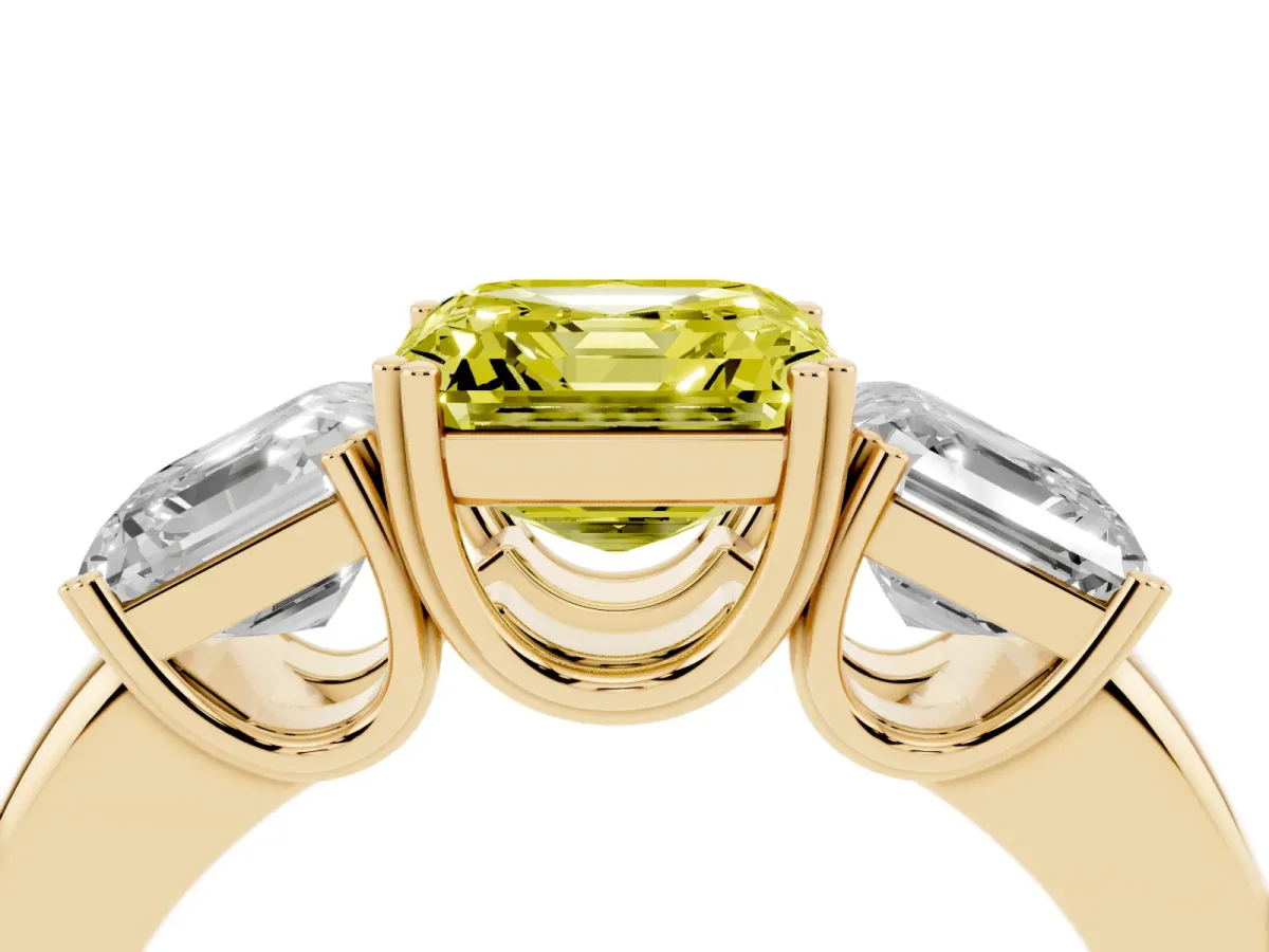 Fancy Yellow Three-Stone Asscher Cut Cut Diamond Ring with Channel Set Band and Four-Prong Setting Yellow gold