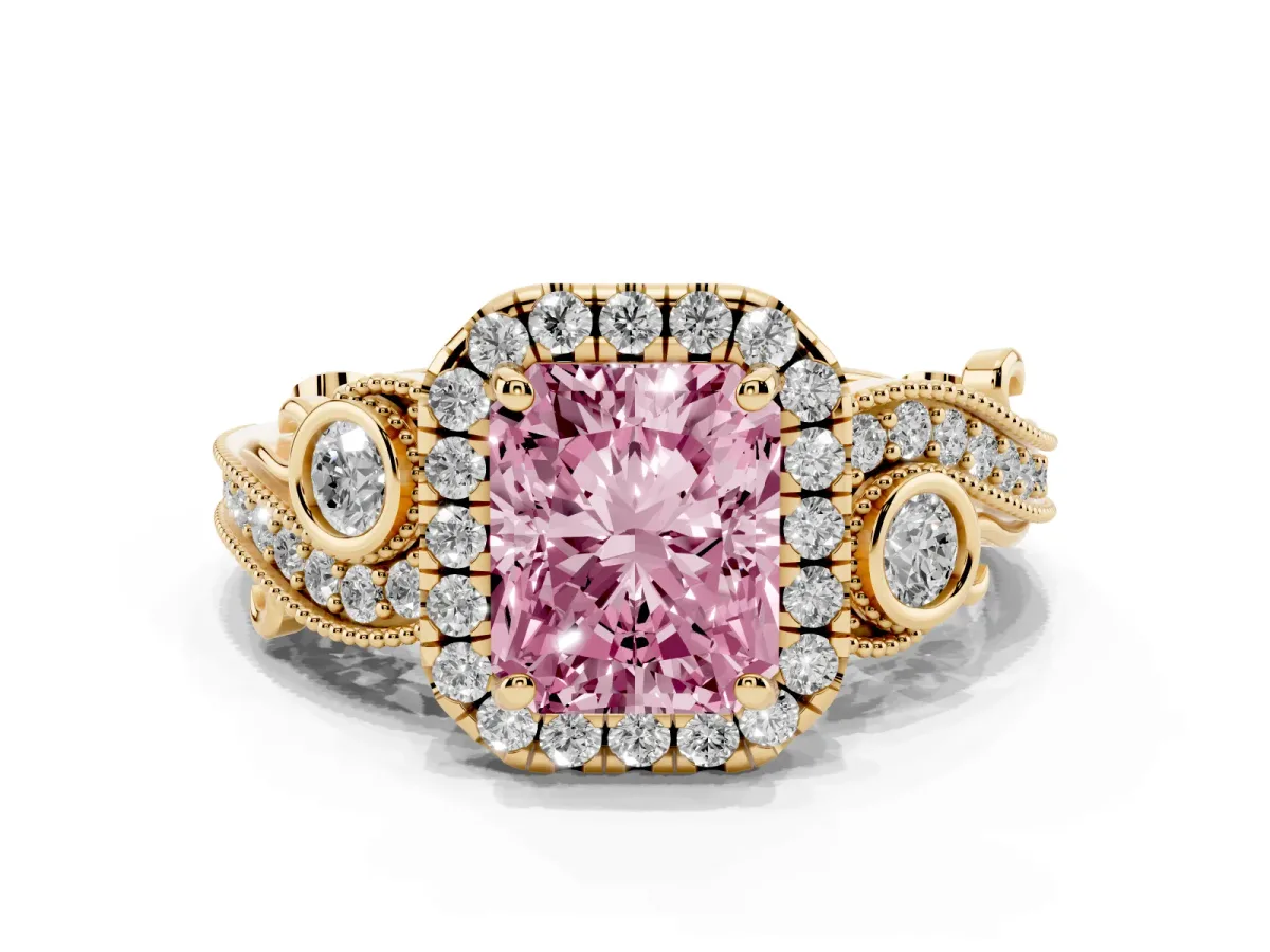 Fancy Pink Radiant Cut Diamond Halo Ring with Milgrain Pavé Band and Four-Prong Setting Yellow gold