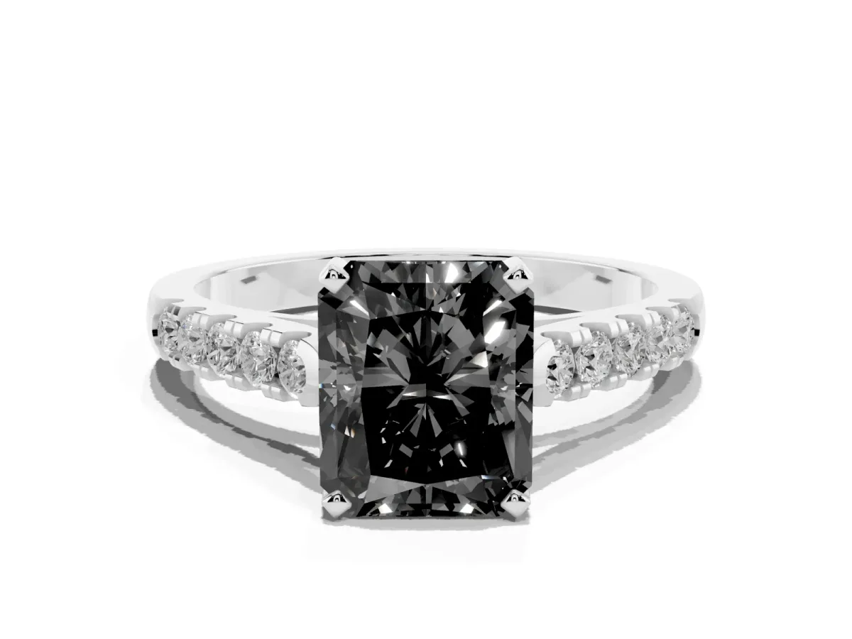 Fancy Black Radiant Cut Diamond Pavé Band Solitaire Ring with Prong Setting Platinum