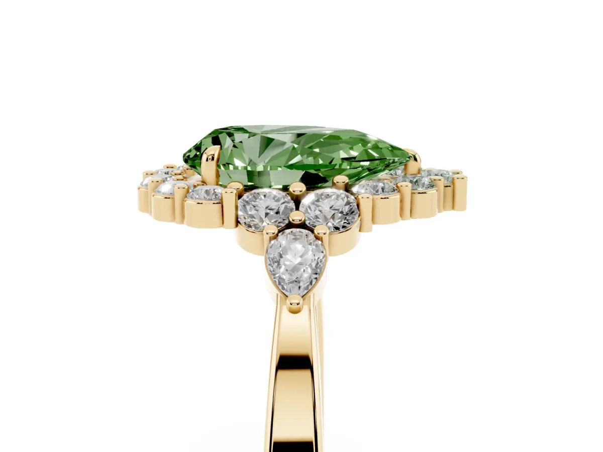 Fancy Green Pear Cut Diamond Halo Ring with Pear Side Stones and Prong Setting Yellow gold