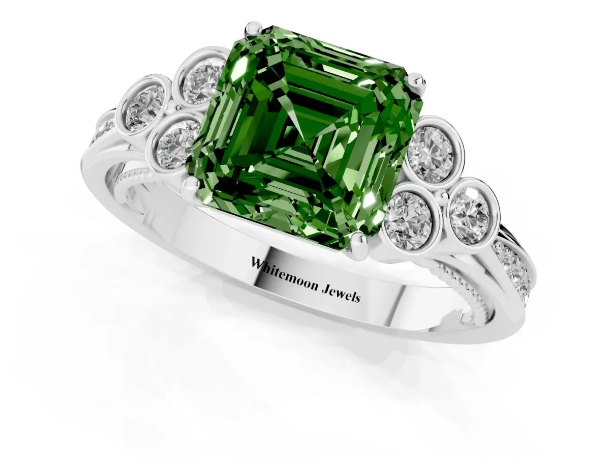 Fancy Green Asscher Cut Cut Diamond Engagement Ring with Bezel Set Round Side Stones and Prong Setting Platinum