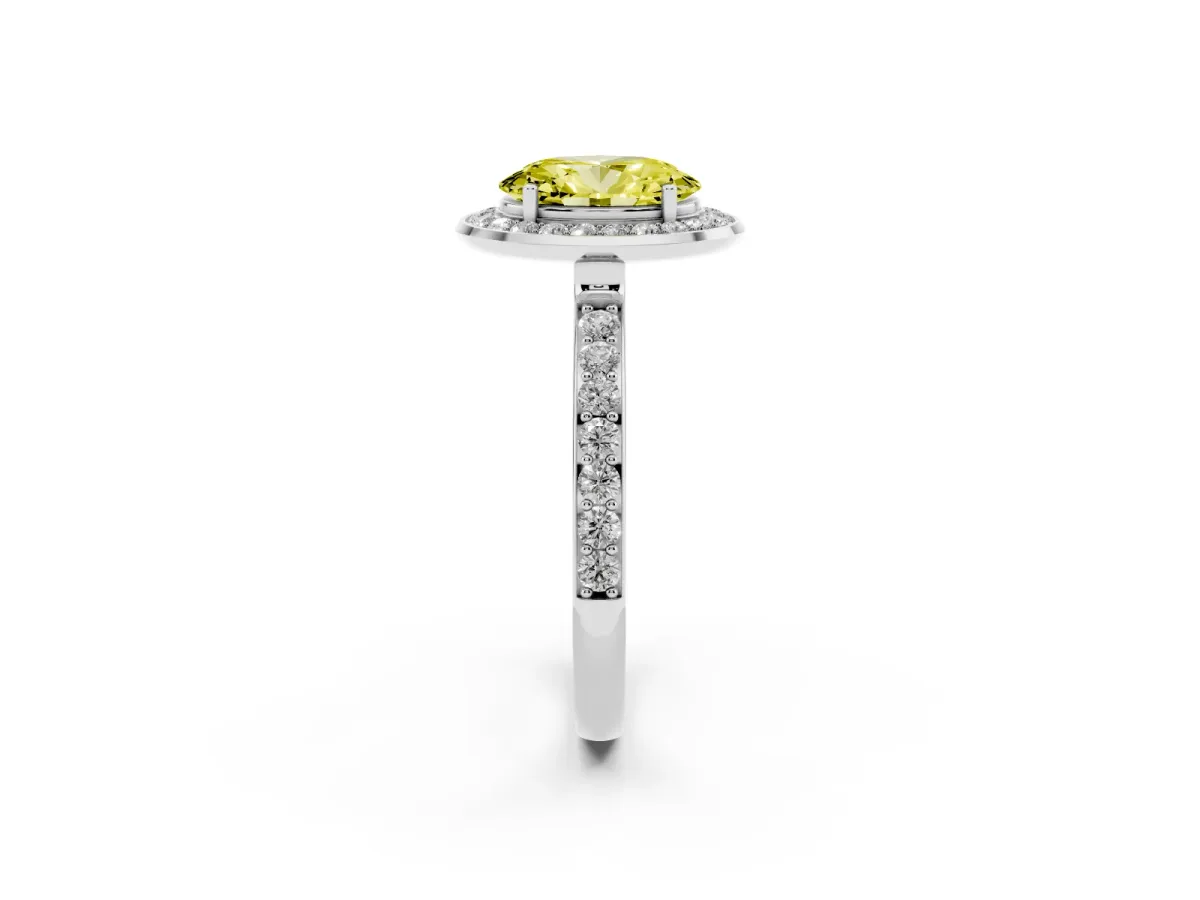 Fancy Yellow Oval Cut Diamond Halo Ring with Bezel Frame and Pavé Band Silver