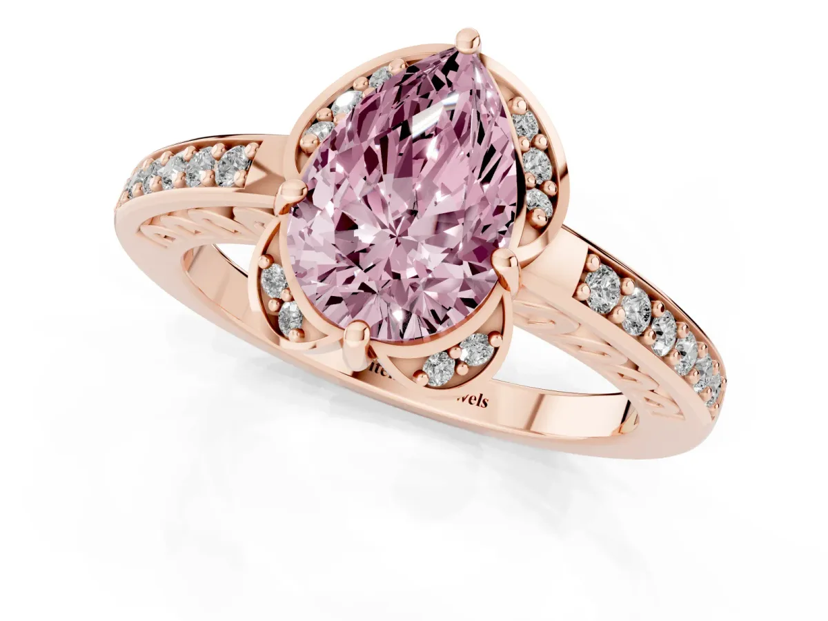 Fancy Pink Pear Cut Cut Halo Diamond Ring with Channel Set Band and Four-Prong Setting Rose gold