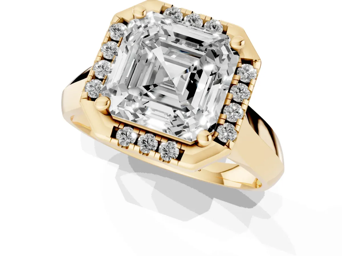 Asscher Cut Cut Halo Solitaire Engagement Ring with Square Band and Four-Prong Setting Yellow gold