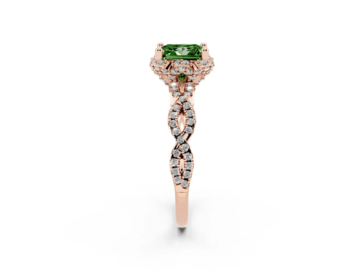 Fancy Green Princess Cut Halo Twist Band Solitaire Ring with Six-Prong Setting Rose gold