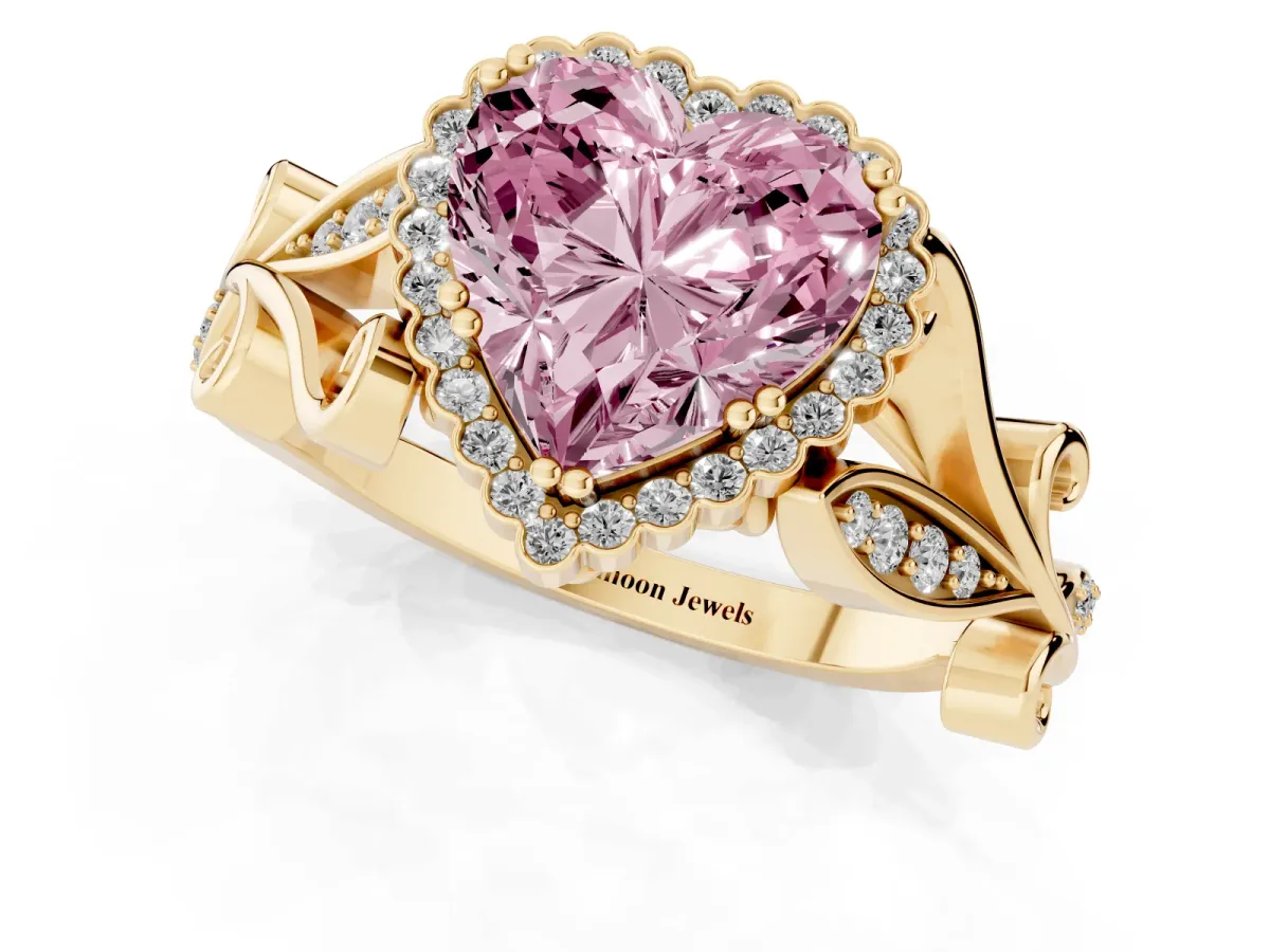 Fancy Pink Heart Cut Diamond Halo Ring with Vintage Split Shank and Four-Prong Setting Yellow gold