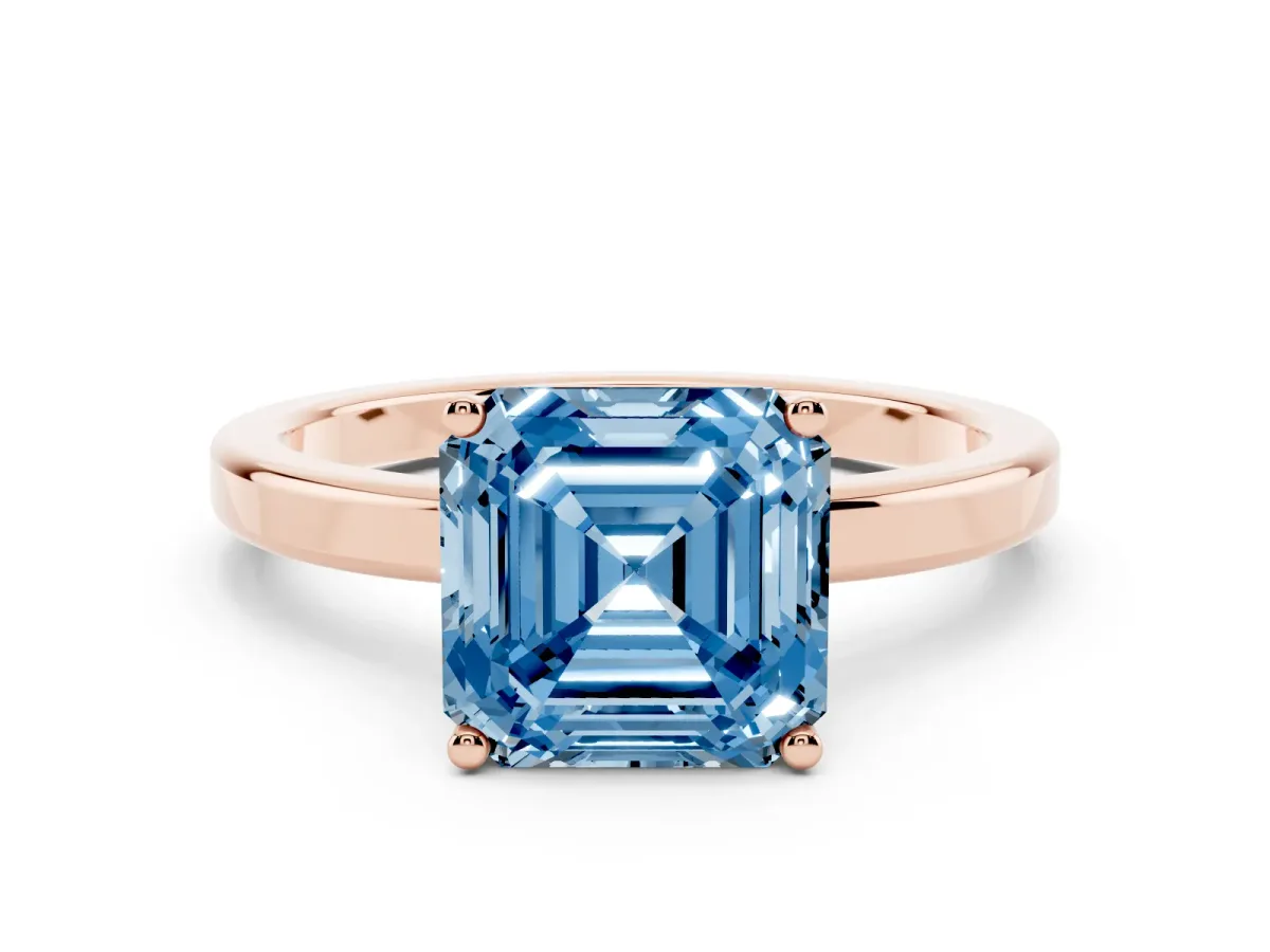 Fancy Blue Asscher Cut Cut Solitaire Engagement Ring with Four-Prong Setting on a Classic Band Rose gold