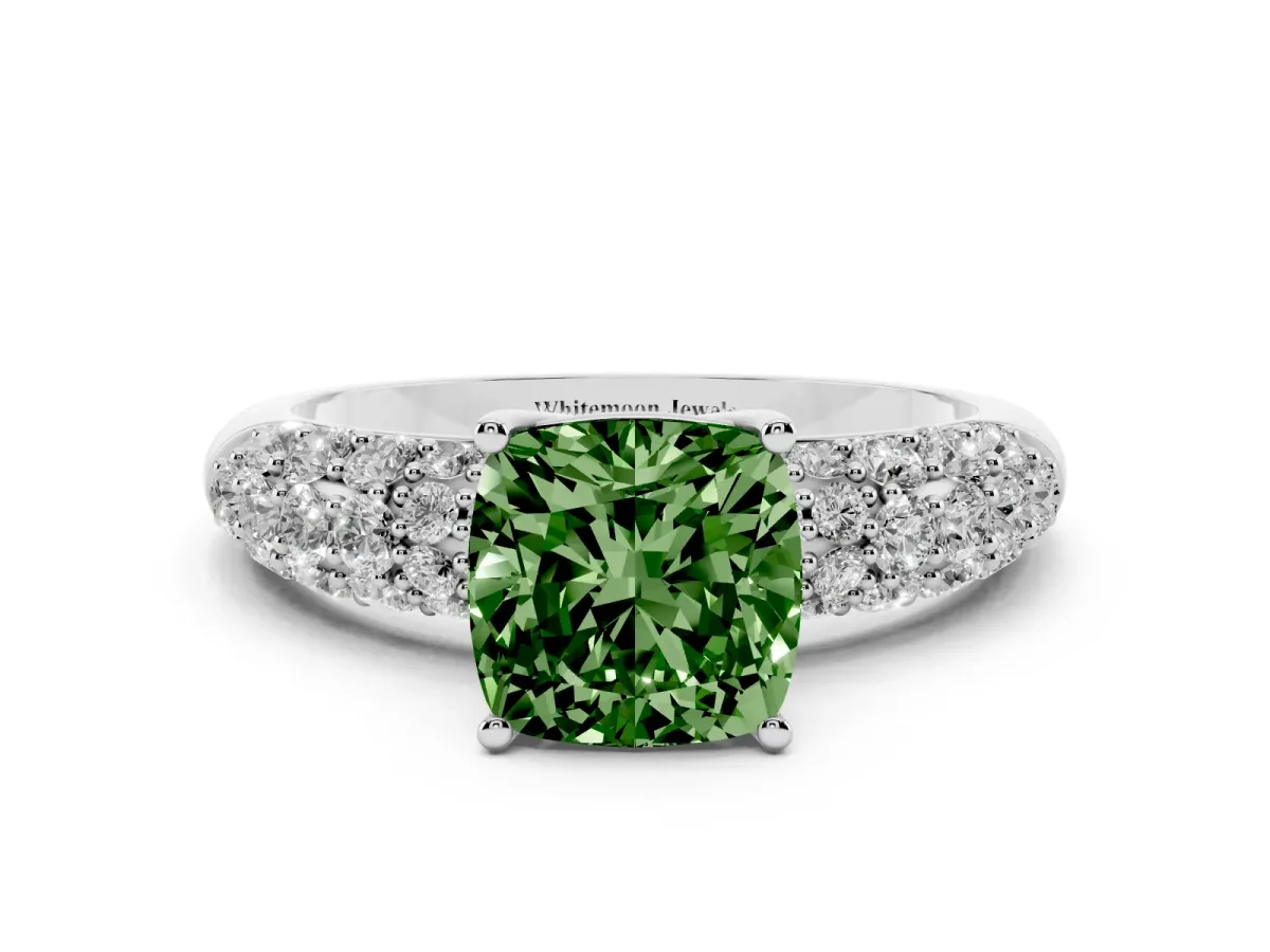 Fancy Green Cushion Cut Diamond Pavé Band Solitaire Ring with Four-Prong Setting Silver