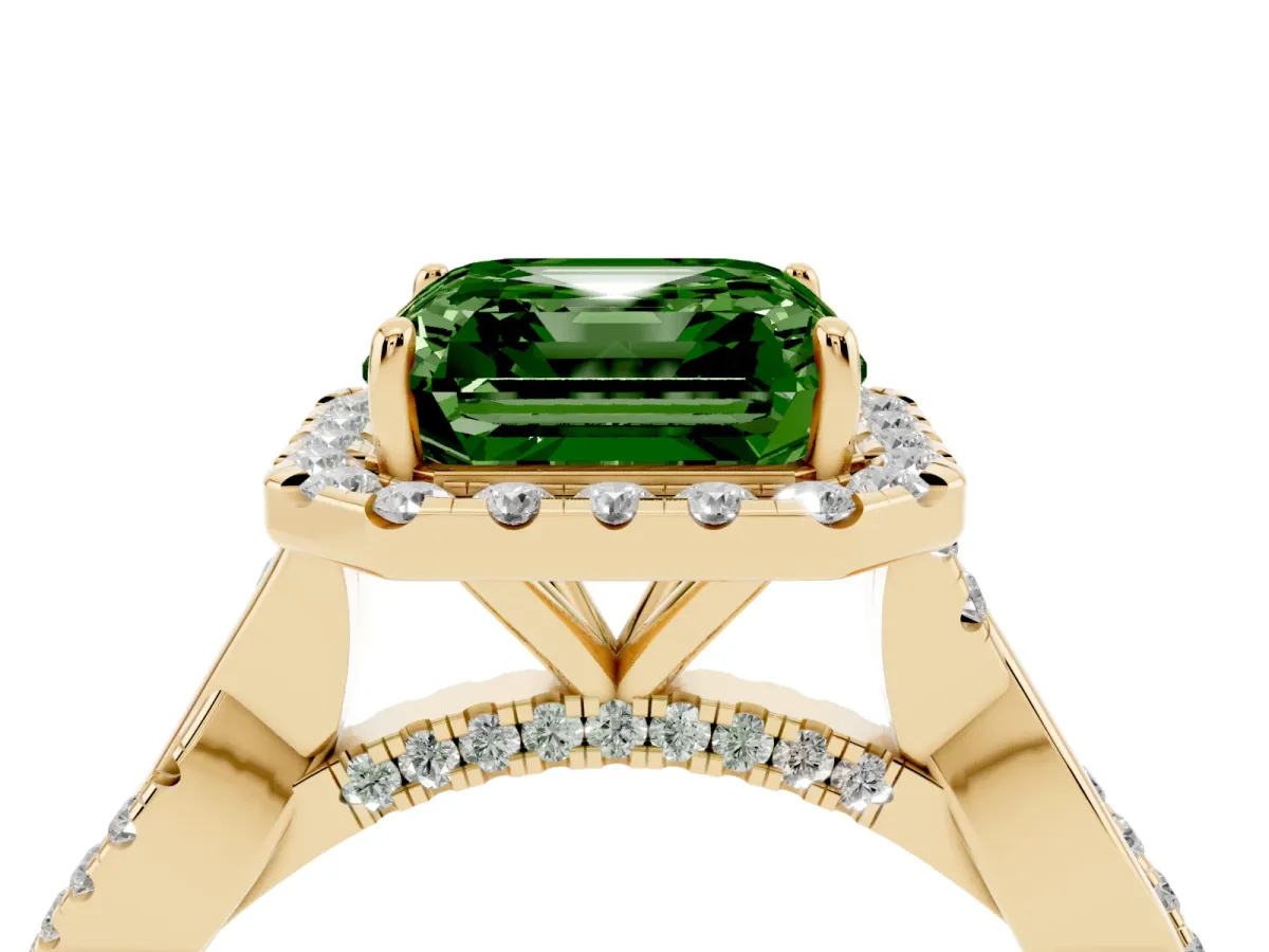 Fancy Green Asscher Cut Halo Twist Band Solitaire Ring Yellow gold
