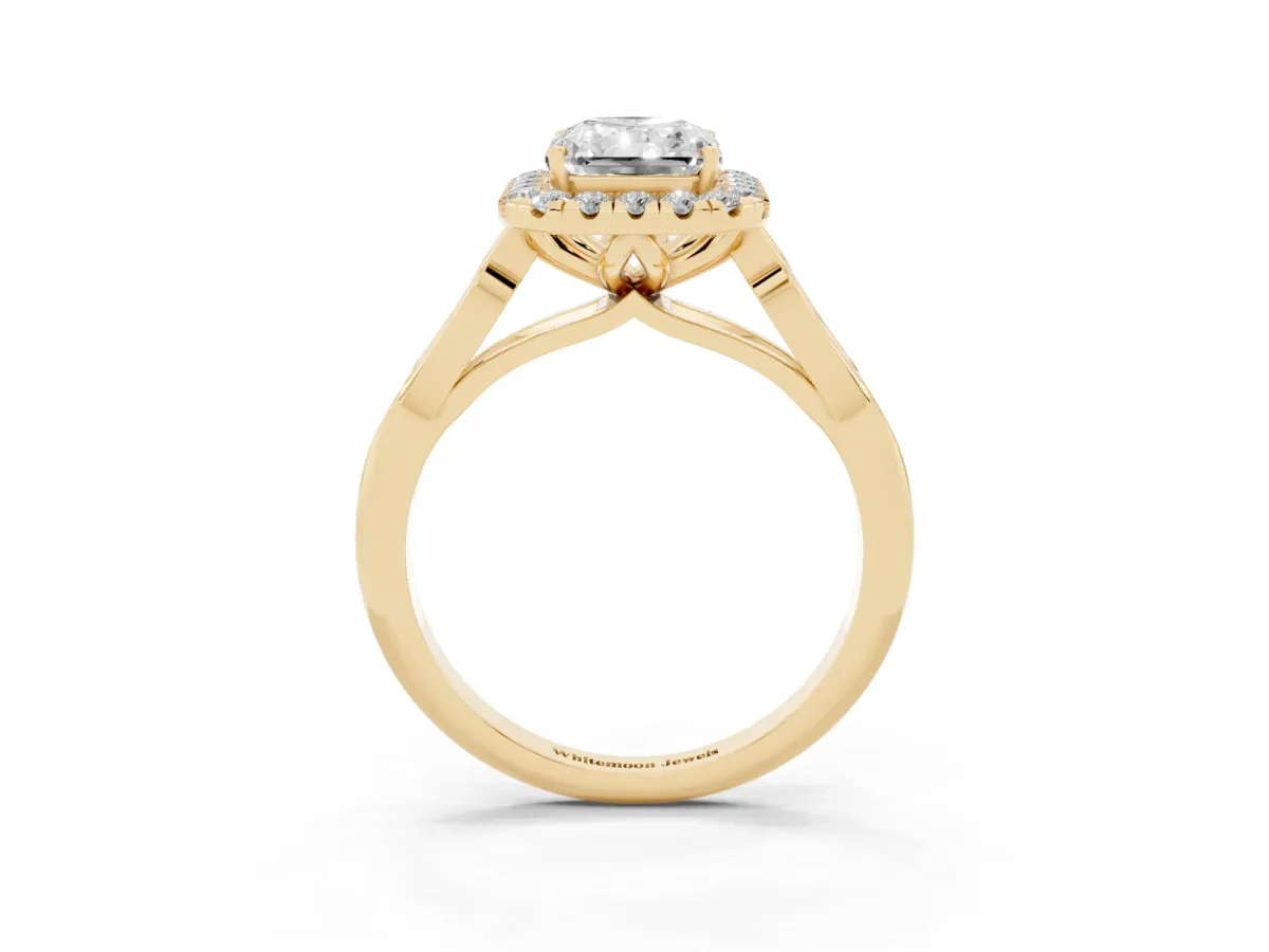 Radiant Cut Halo Diamond Engagement Ring with Filigree Band and Four-Prong Setting Yellow gold