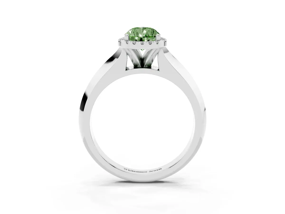 Fancy Green Pear Cut Halo Diamond Ring with Cathedral Band and Four-Prong Setting Silver