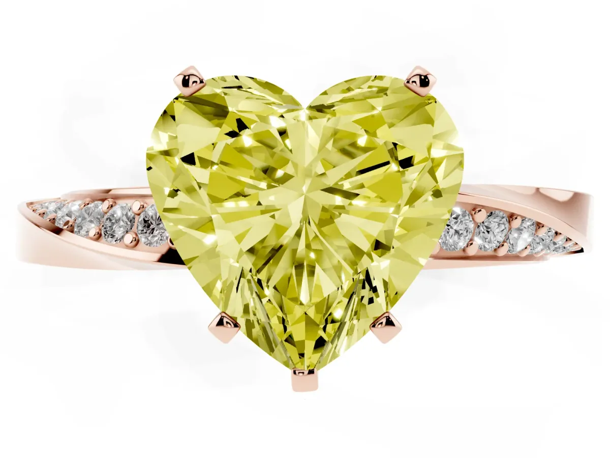 Fancy Yellow Heart Cut Diamond Engagement Ring with Side Stone Accents and Four-Prong Setting Rose gold