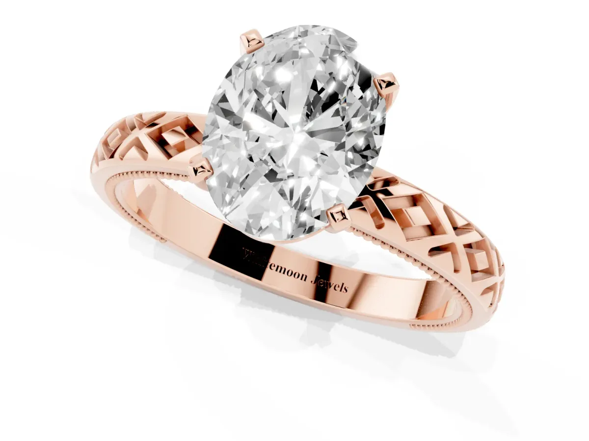 Oval Cut Solitaire Diamond Ring with Milgrain and Black Enamel X Pattern Band Rose gold