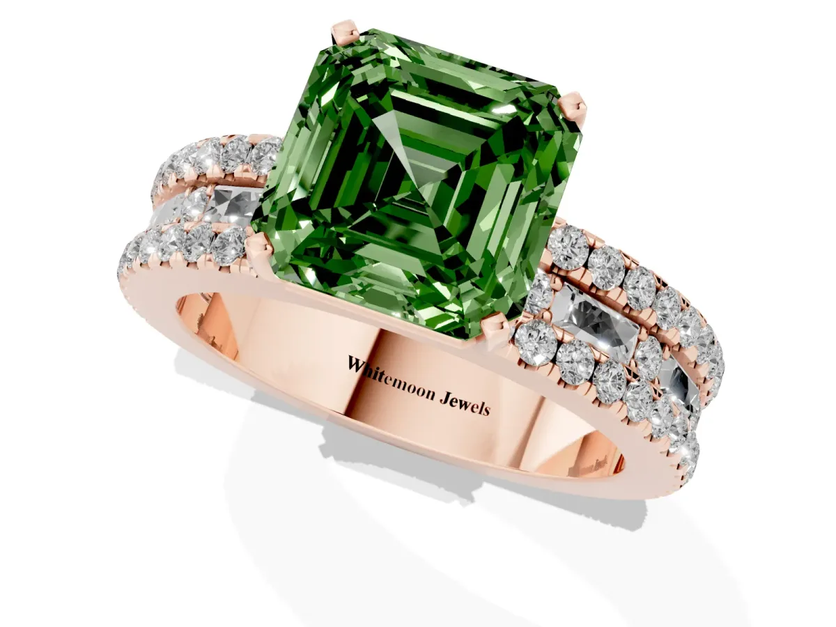 Fancy Green Asscher Cut Diamond Solitaire Ring with Pavé and Channel Set Band Rose gold
