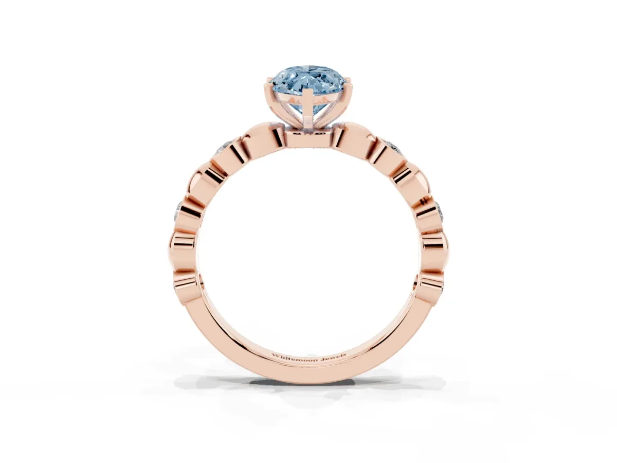 Fancy Blue Marquise Cut Solitaire Bezel-Set Diamond Ring with Beaded Band and Four-Prong Setting Rose gold