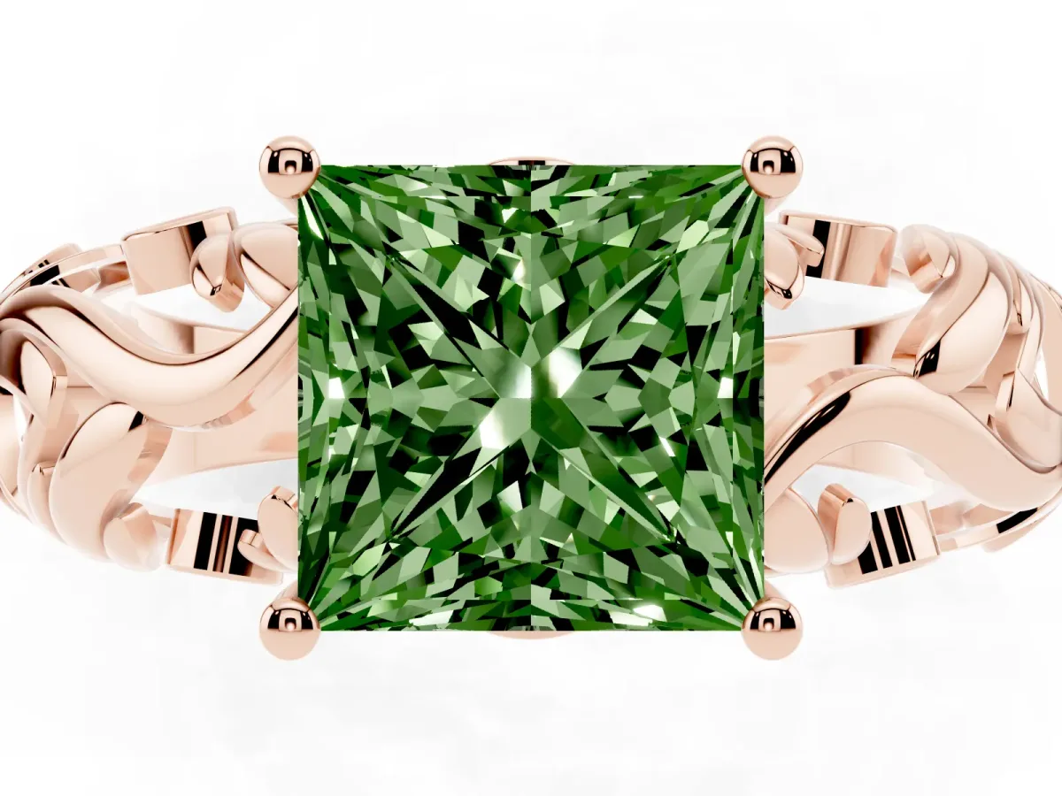Fancy Green Princess Cut Solitaire Diamond Leaf-Inspired Vine Band Ring with Prong Setting Rose gold