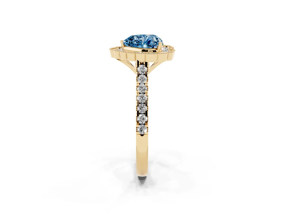 Fancy Blue Heart Cut Cut Diamond Milgrain Floral Halo Engagement Ring with Pavé Band Yellow gold