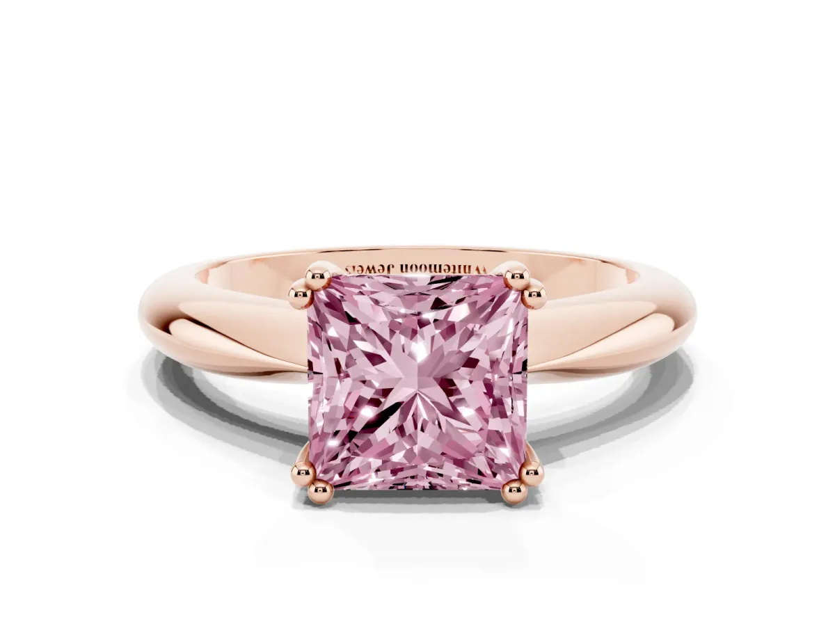Fancy Pink Princess Cut Cut Solitaire Engagement Ring with Tapered Band and Four-Prong Setting Rose gold