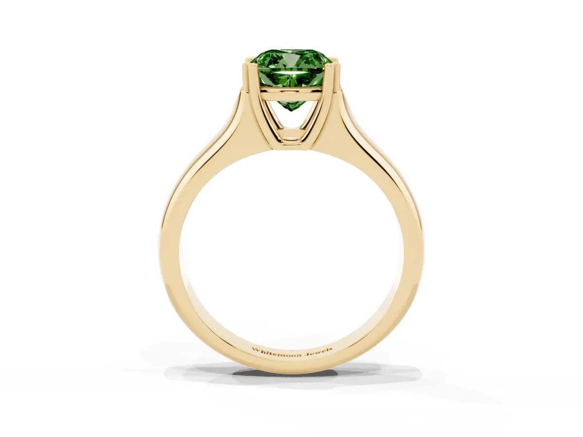 Fancy Green Cushion Cut Diamond Solitaire Ring with Wide Band and Prong Setting Yellow gold