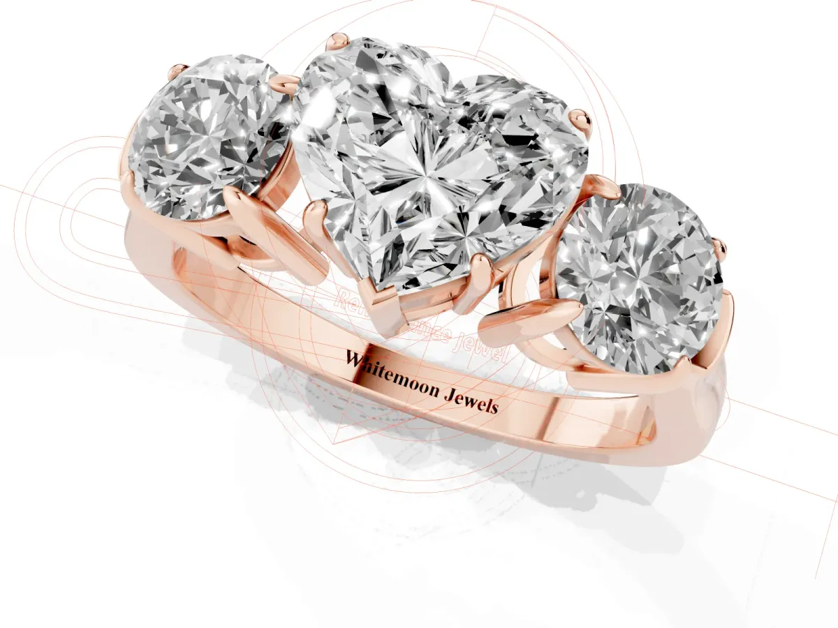 Three-Stone Heart Cut Cut Diamond Ring with Round Accent Stones, Prong Setting, and Classic Band Rose gold