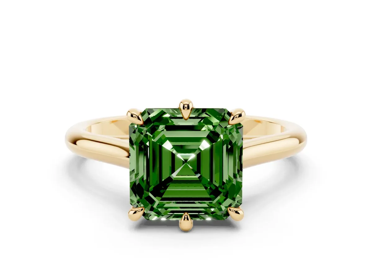 Fancy Green Asscher Cut Solitaire Engagement Ring with Six-Prong Setting and Classic Band Yellow gold