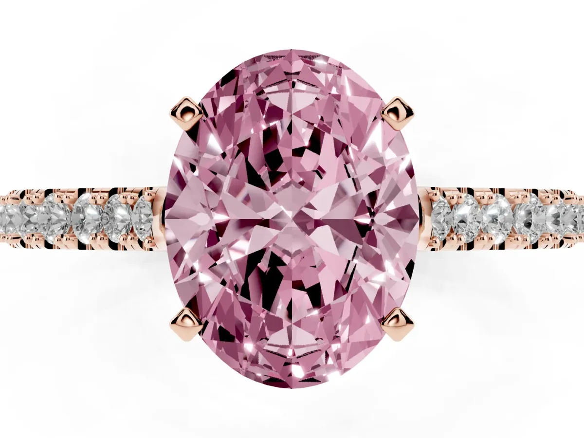 Fancy Pink Oval Cut Cut Solitaire Diamond Engagement Ring with Pave Band and Four-Prong Setting Rose gold