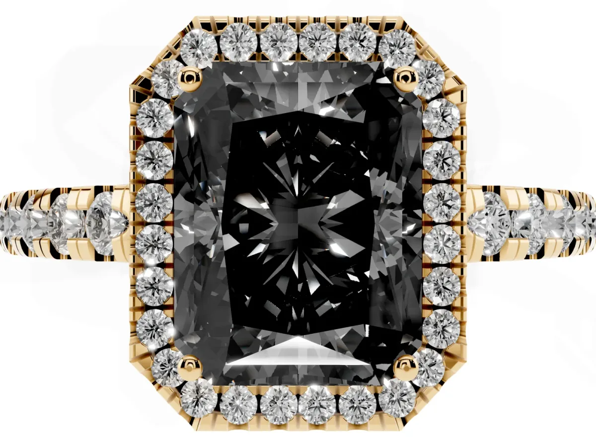 Fancy Black Radiant Cut Diamond Halo Ring with Pavé Band and Four-Prong Setting Yellow gold