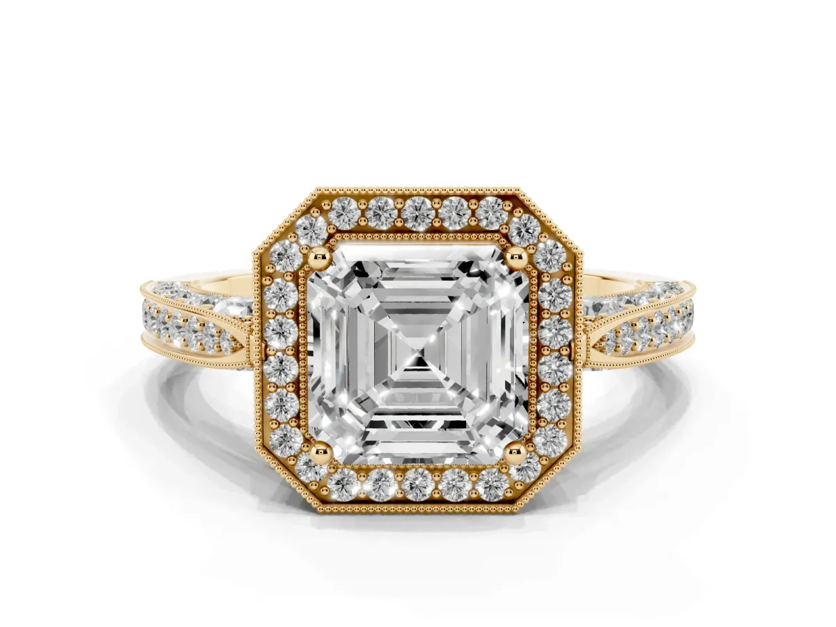 Asscher Cut Halo Diamond Engagement Ring with Split Shank Band and Four-Prong Setting Yellow gold