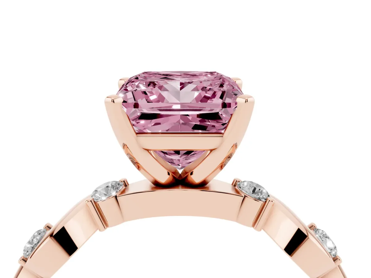 Fancy Pink Princess Cut Diamond Solitaire Twisted Band with Round Accents and Prong Setting Rose gold