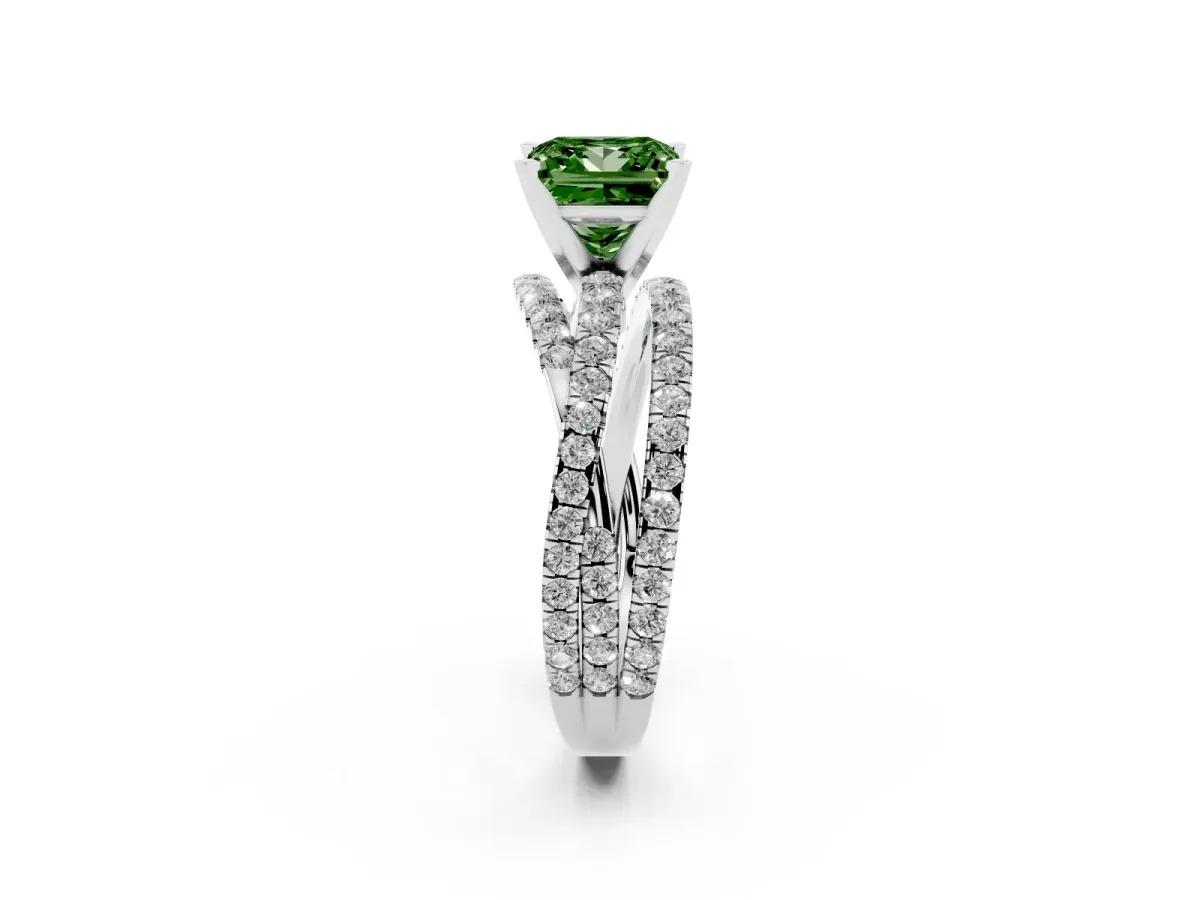 Fancy Green Princess Cut Solitaire Twist Band with Pavé Setting and Four-Prong Setting Silver