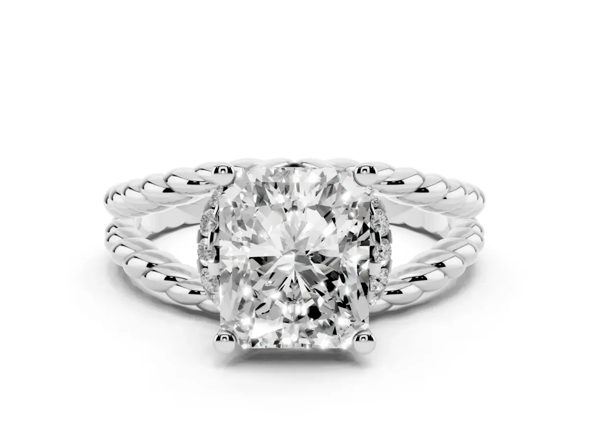 Radiant Cut Halo Twisted Band Four-Prong Ring Silver