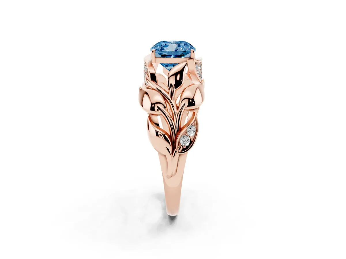 Fancy Blue Cushion Cut Diamond Leaf-Inspired Engagement Ring with Round Accents and Prong Setting Rose gold