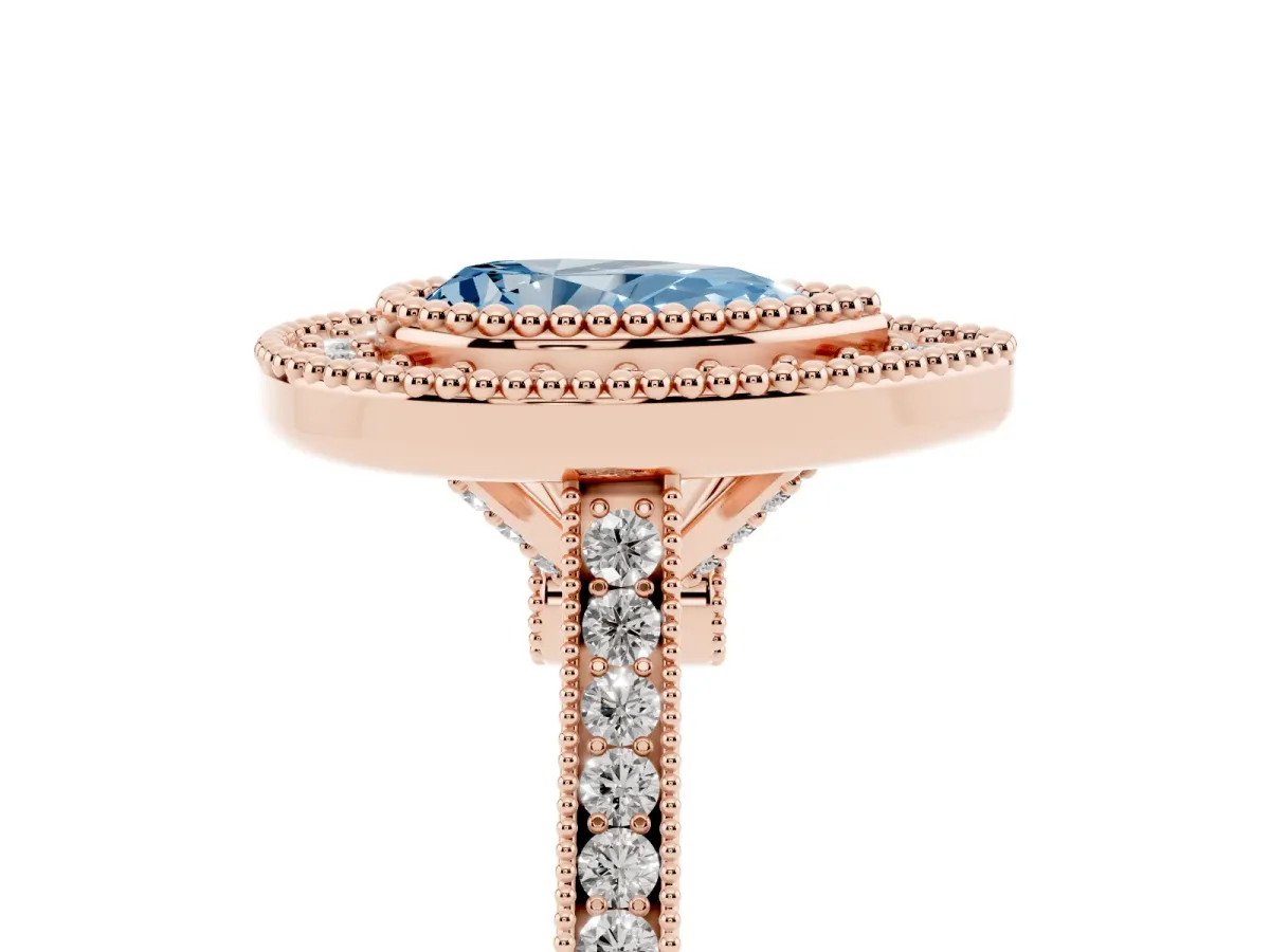 Fancy Blue Pear Cut Diamond Halo Ring with Milgrain Frame and Pavé Band Rose gold