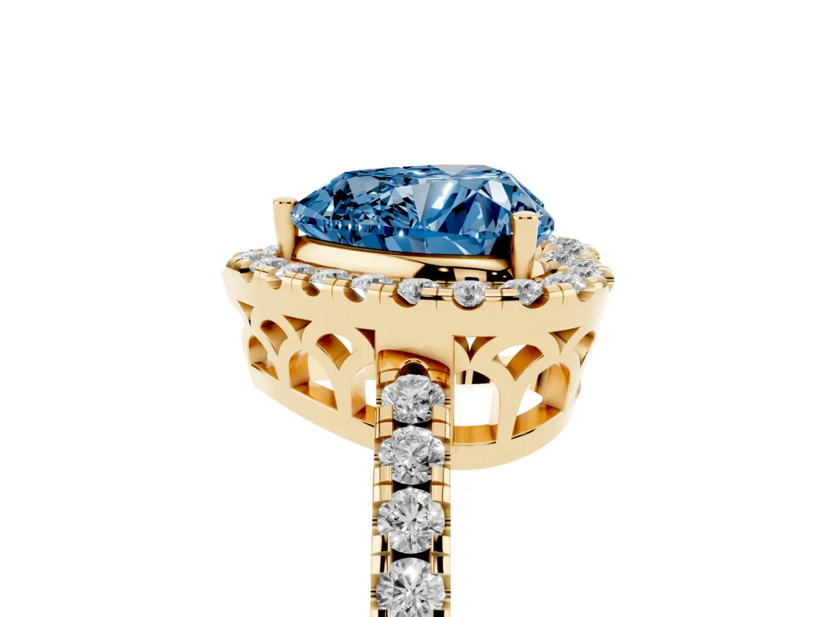 Fancy Blue Heart Cut Halo Diamond Engagement Ring with Pavé Band and Four-Prong Setting Yellow gold