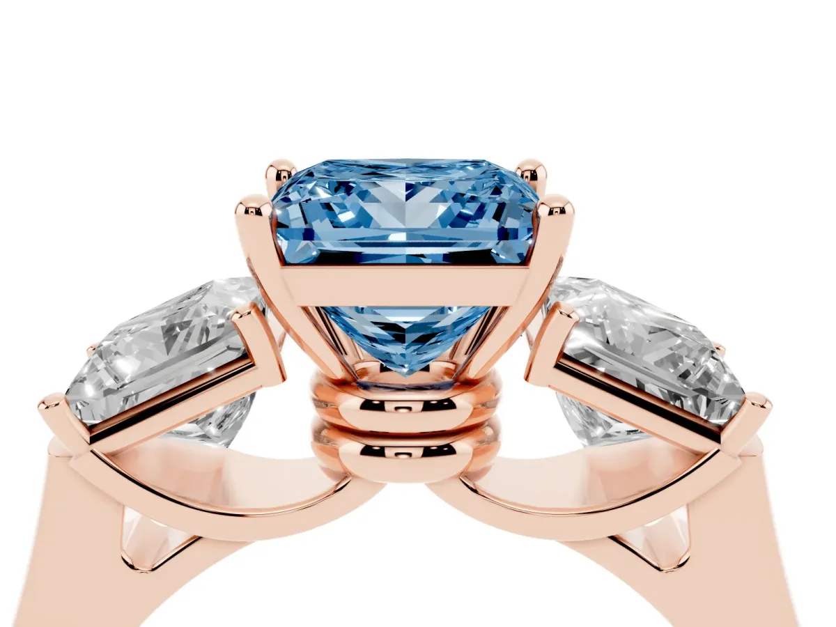 Fancy Blue Three-Stone Princess Cut Brilliant Diamond Trellis Ring with Comfort Fit Band Rose gold