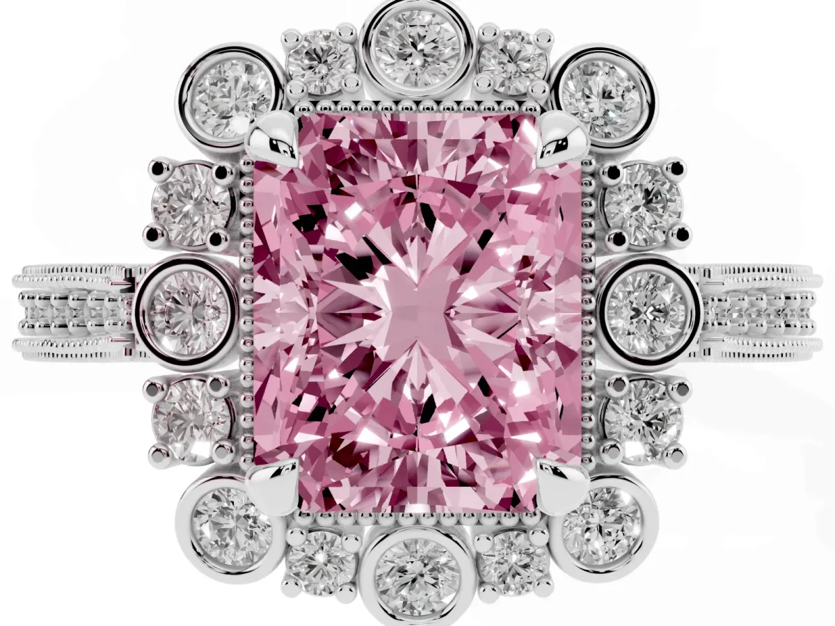 Fancy Pink Radiant Cut Halo Milgrain Pave Diamond Ring with Four-Prong Setting Silver