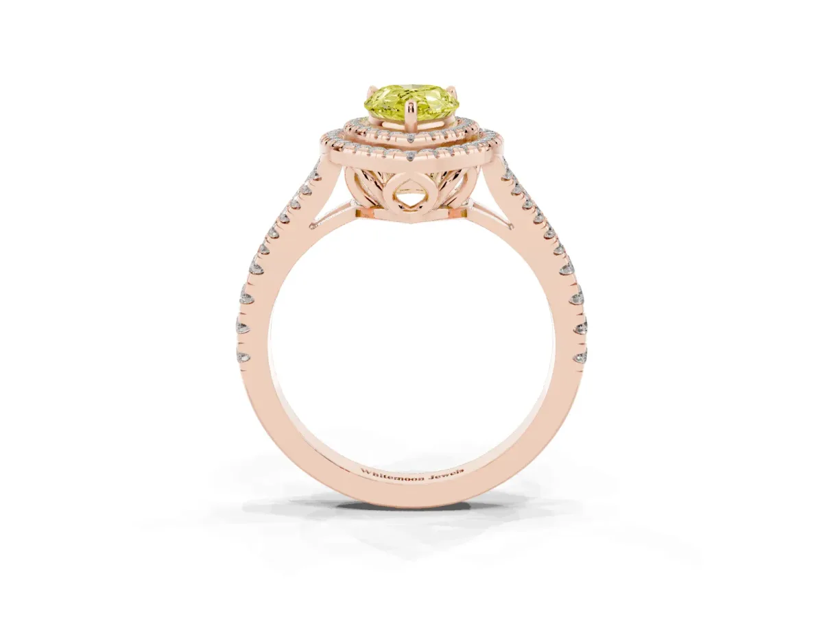 Fancy Yellow Pear Cut Diamond Double Halo Ring with Pavé Band and Prong Setting Rose gold