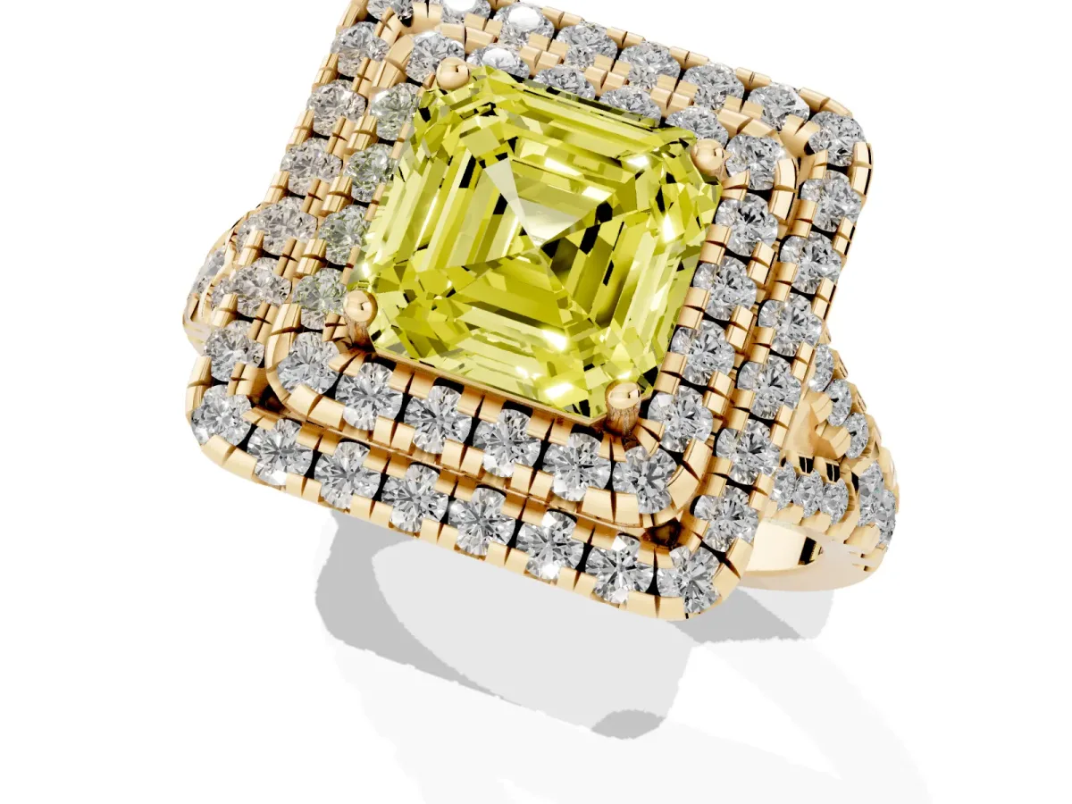Fancy Yellow Double Halo Asscher Cut Diamond Pavé Split Shank Ring with Prong Setting Yellow gold