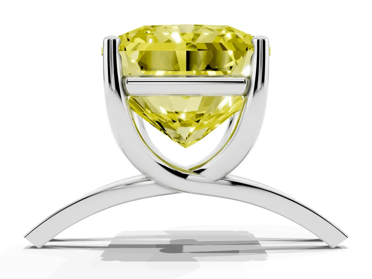 Fancy Yellow Radiant Cut Cut Diamond Solitaire Engagement Ring with Tapered Plain Band and Four-Prong Setting Silver