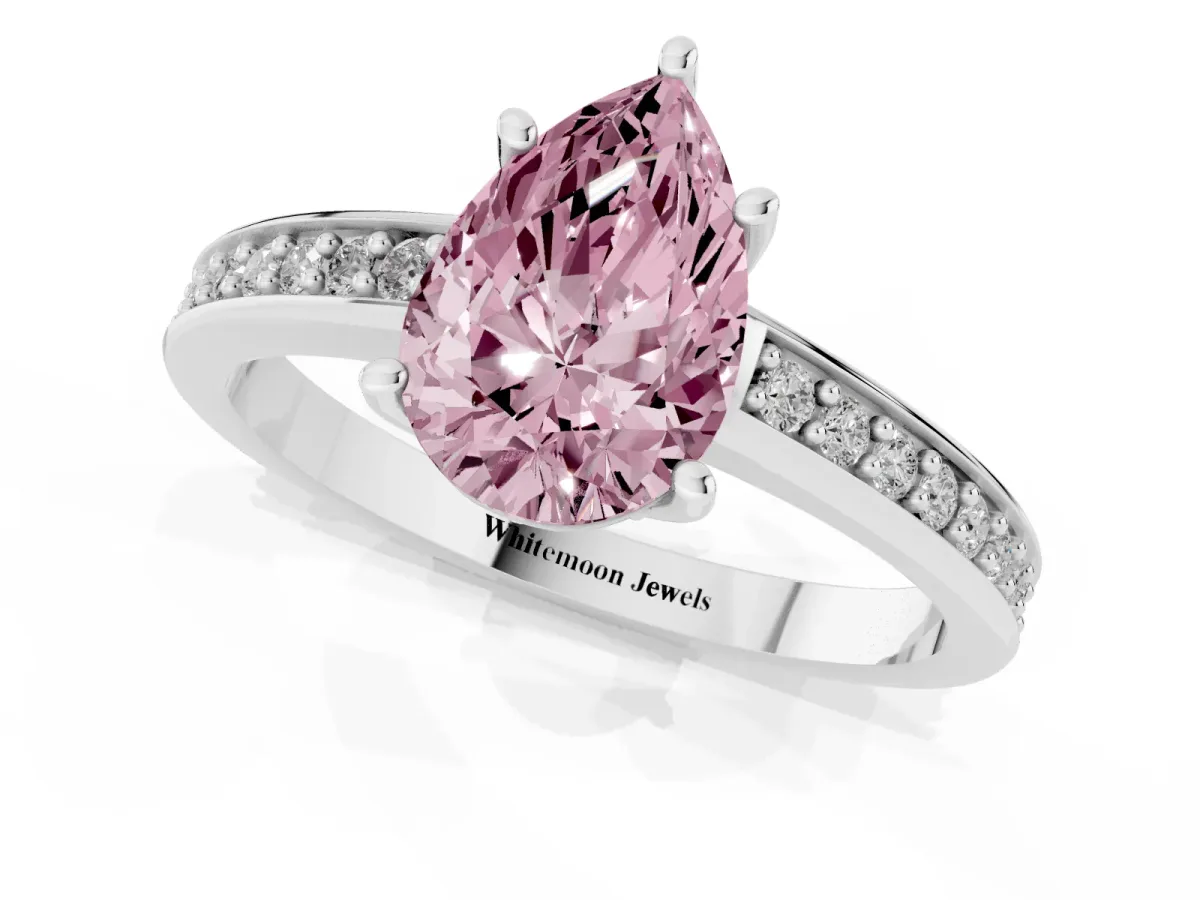 Fancy Pink Pear Cut Solitaire Pavé Band Prong Setting Ring Silver