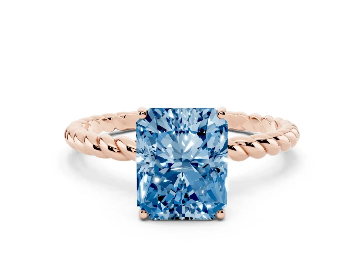 Fancy Blue Radiant Cut Solitaire Twist Band Ring with Four-Prong Setting Rose gold