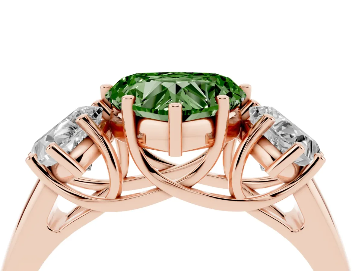 Fancy Green Three-Stone Heart Cut Diamond Engagement Ring with Prong Setting Rose gold