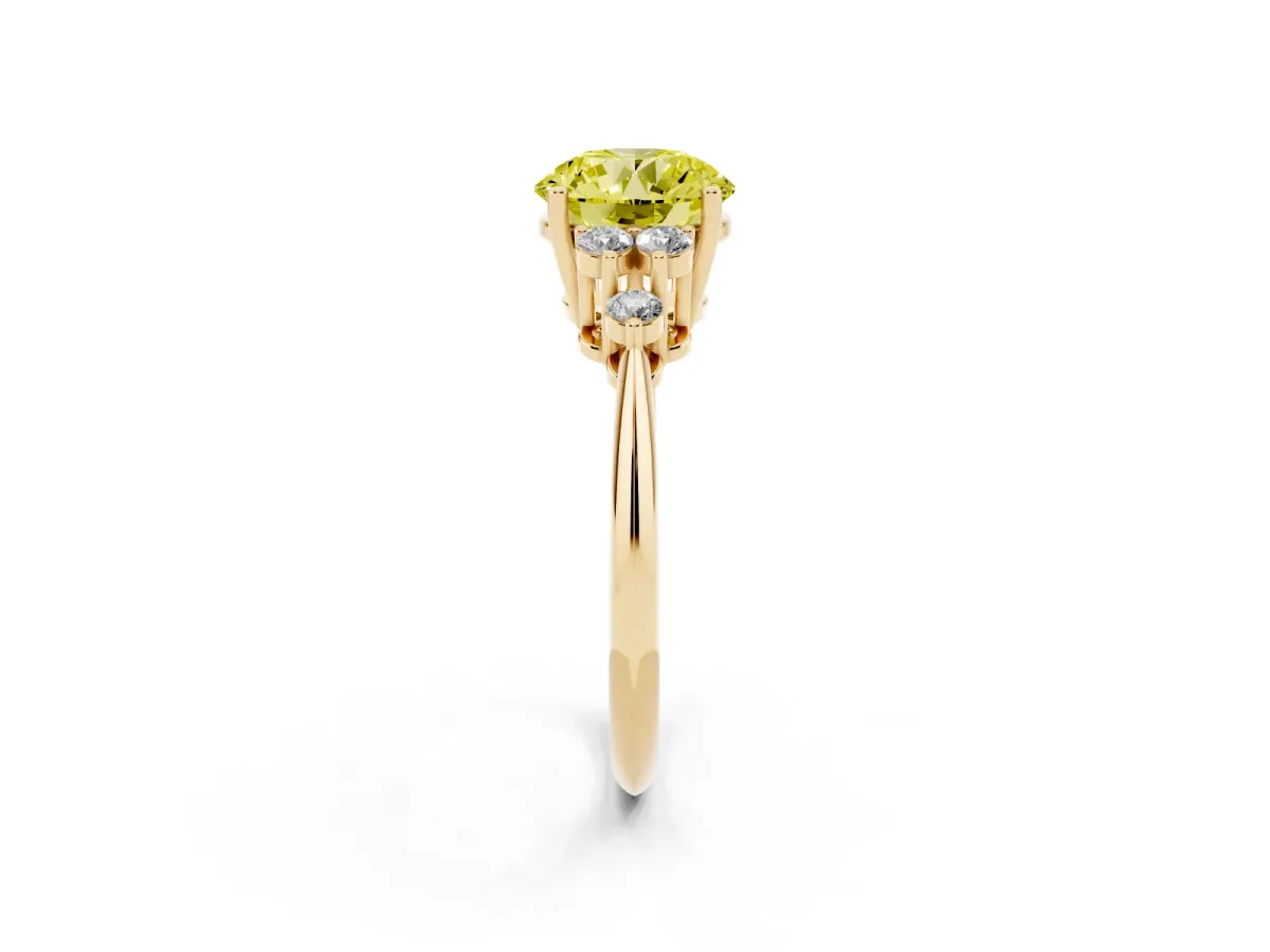 Fancy Yellow Round Cut Cut Diamond Cluster Ring with Solitaire Band and Four-Prong Setting Yellow gold