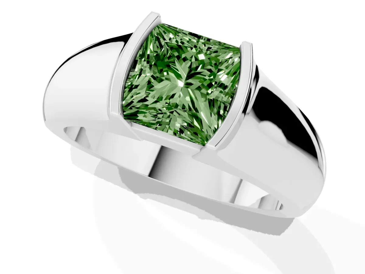 Fancy Green Princess Cut Solitaire Bezel Set Diamond Ring with Wide Band Silver