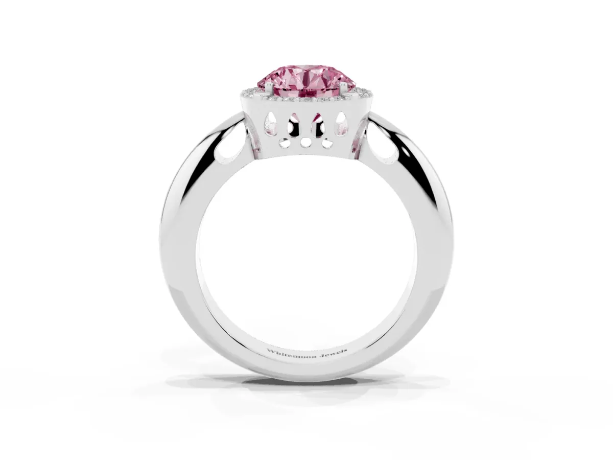 Fancy Pink Round Cut Cut Diamond Halo Engagement Ring with Split Shank and Four-Prong Setting Silver