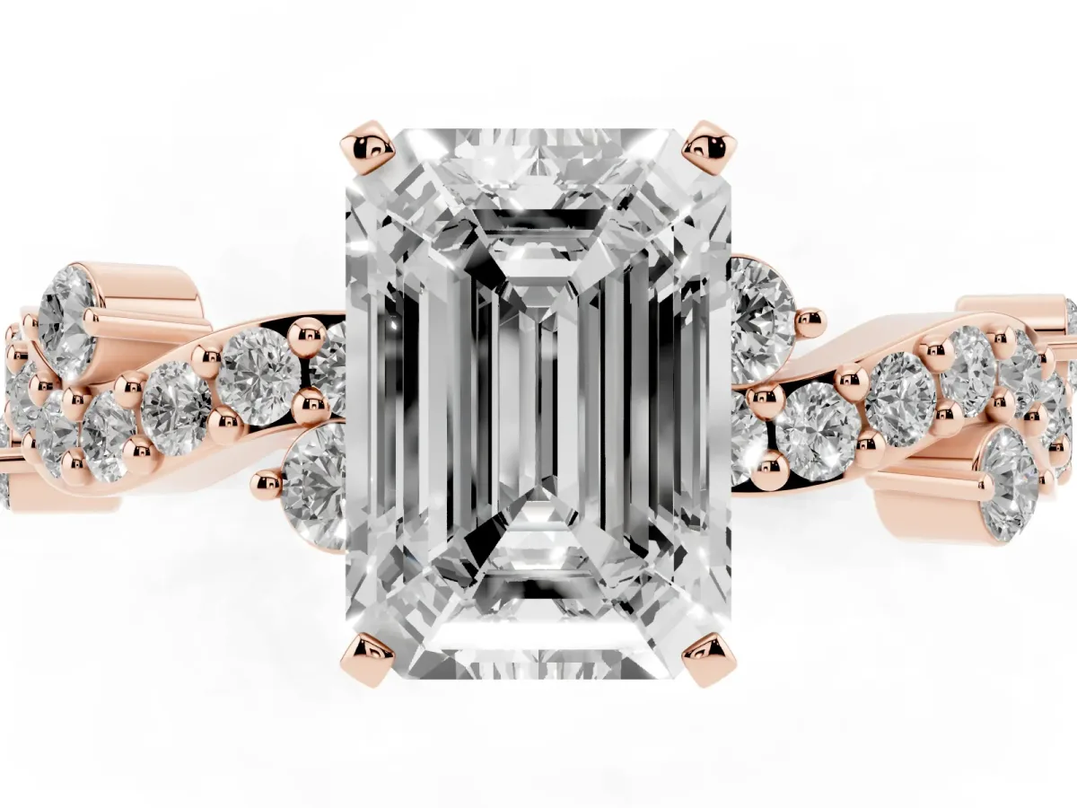 Emerald Cut Cut Solitaire Diamond Twisted Band with Pave Setting Rose gold