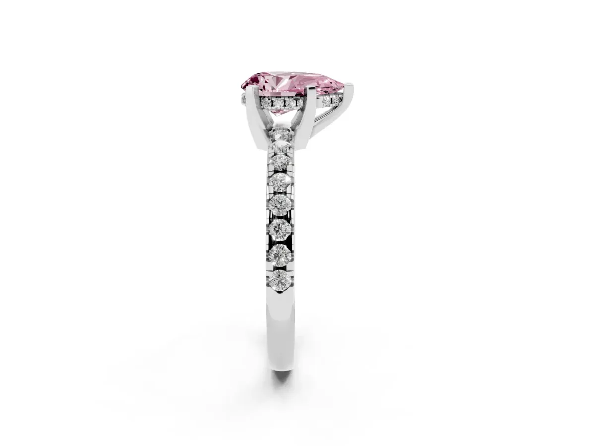 Fancy Pink Pear Cut Diamond Solitaire Ring with Round Pavé Band and Four-Prong Setting Silver
