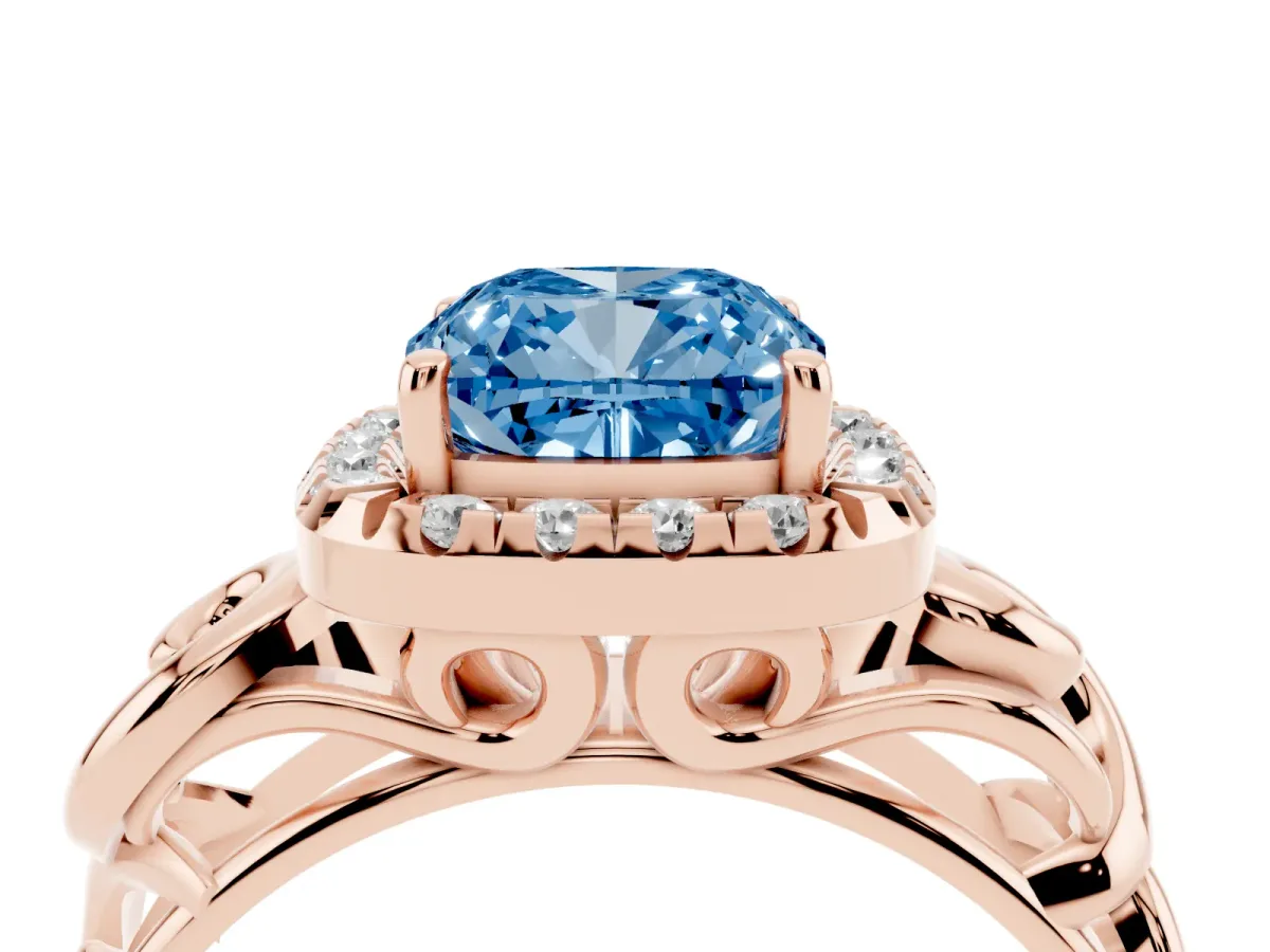 Fancy Blue Cushion Cut Cut Halo Diamond Ring with Scrollwork Band and Four-Prong Setting Rose gold
