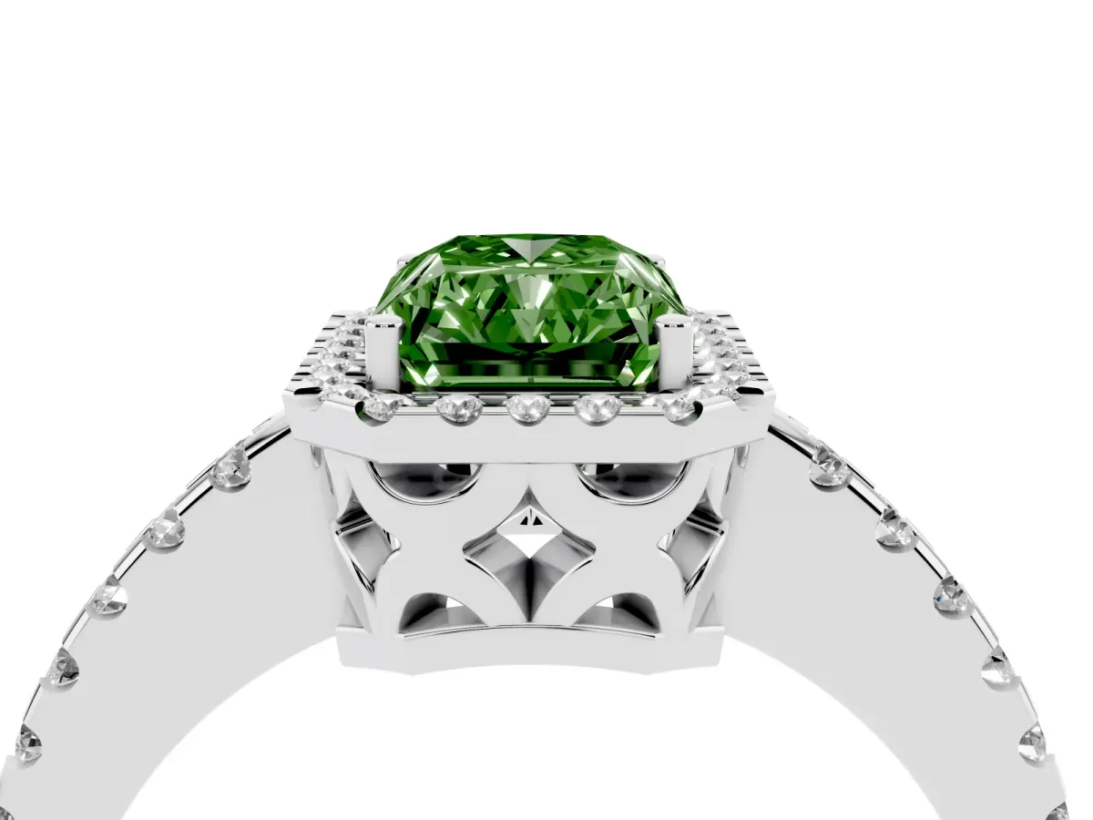 Fancy Green Radiant Cut Diamond Halo Engagement Ring with Pavé Band and Prong Setting Platinum